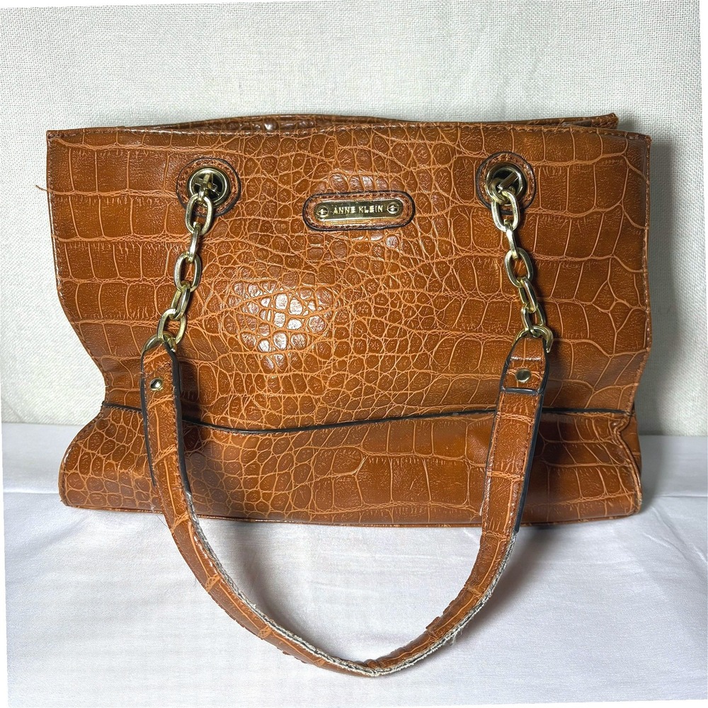 Anne Klein Cognac Brown Croc Embossed Tote Bag Gold Chain Zebra Print Lining